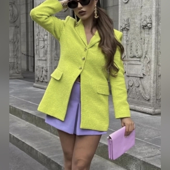 ZARA LIME TWEED BOUCLE YELLOW JACKET BLAZER SIZE M - Picture 2 of 12